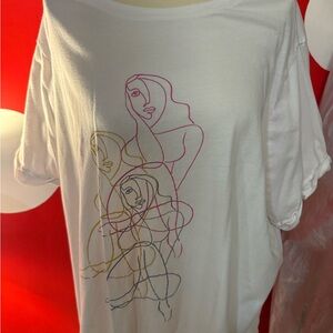 White Graphic Tee with Multicolor Abstract Line Art